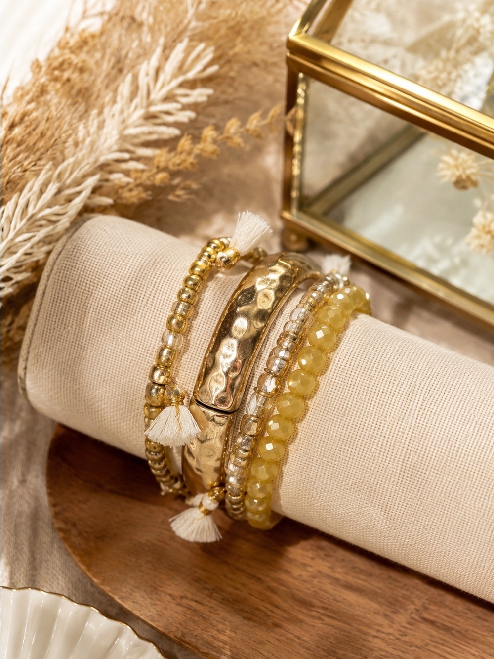 Boho Gold Tone Bracelet Set of 4 Beaded Tassel Stretch Stack Bracelets Neutral